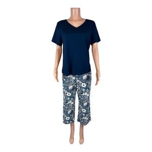 Anybody Womens Lush Jersey 3-Piece Tee and Tank PJ Set Navy/Paisley Medium Size
